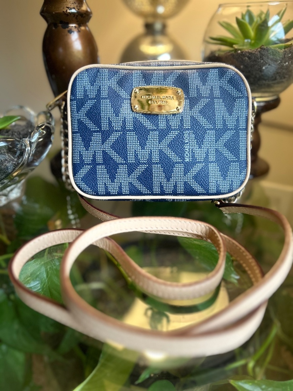 Michael Kors Blue Monogram Wristlet Zip Pouch Wallet